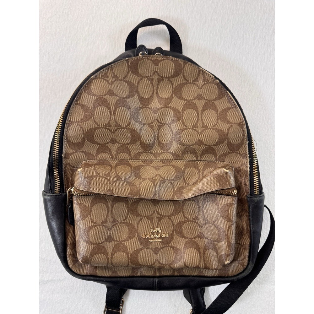 Vintage Coach Charlie Medium Signature Backpack Khaki/Black Corner Scuffs